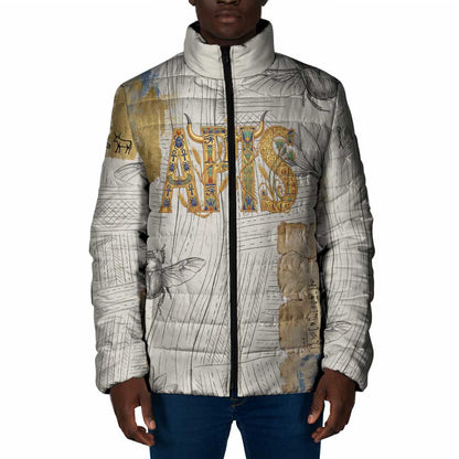 Apis Ancient Egyptian Padded Jacket with Beige-Gray Hieroglyphic, Ornate Bull Head, and Gold-Blue Typography - African Pride