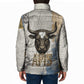 Apis Ancient Egyptian Padded Jacket with Beige-Gray Hieroglyphic, Ornate Bull Head, and Gold-Blue Typography - African Pride