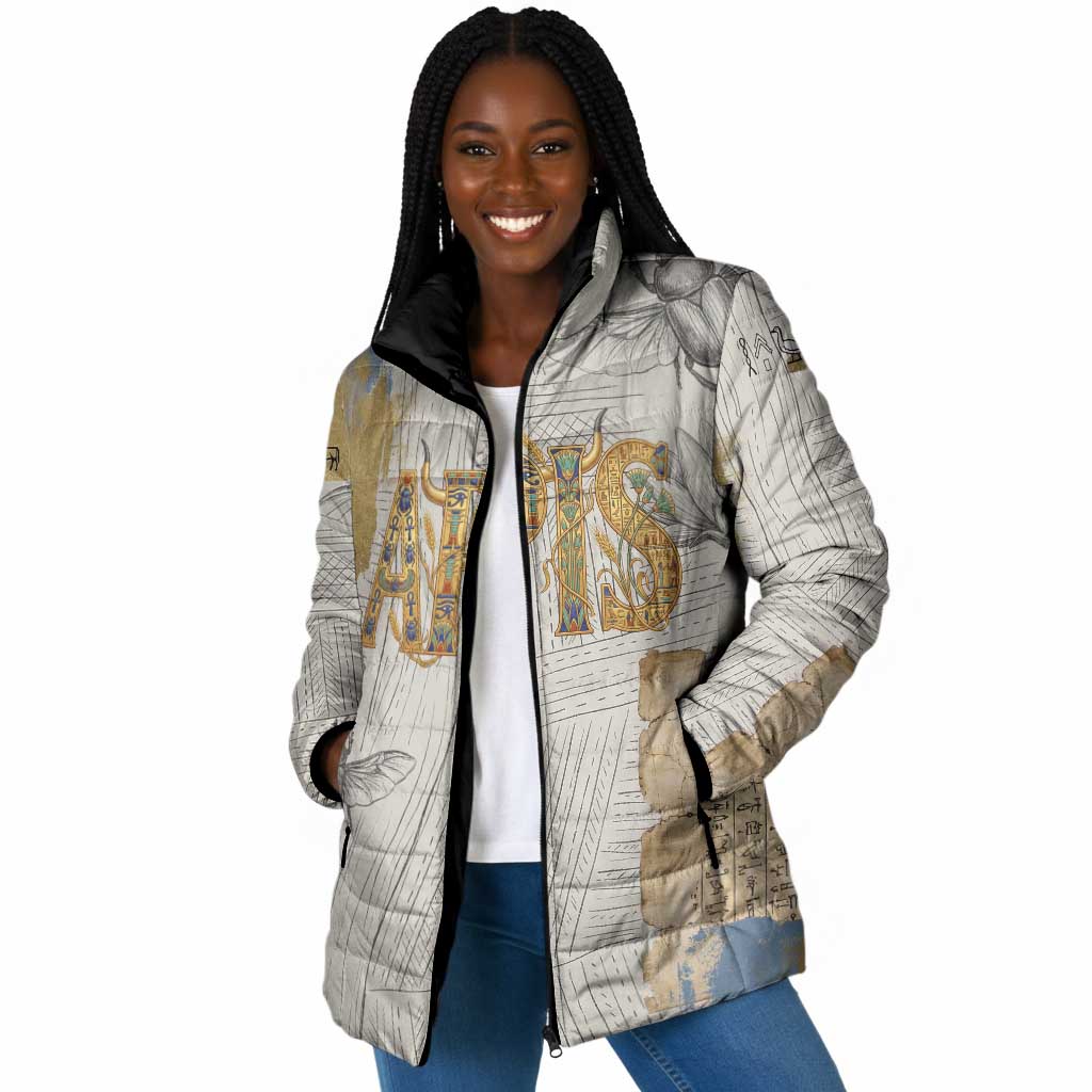 Apis Ancient Egyptian Padded Jacket with Beige-Gray Hieroglyphic, Ornate Bull Head, and Gold-Blue Typography - African Pride