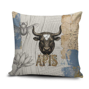 Apis Ancient Egyptian Pillow Cover with Beige-Gray Hieroglyphic, Ornate Bull Head, and Gold-Blue Typography - African Pride