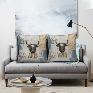 Apis Ancient Egyptian Pillow Cover with Beige-Gray Hieroglyphic, Ornate Bull Head, and Gold-Blue Typography - African Pride