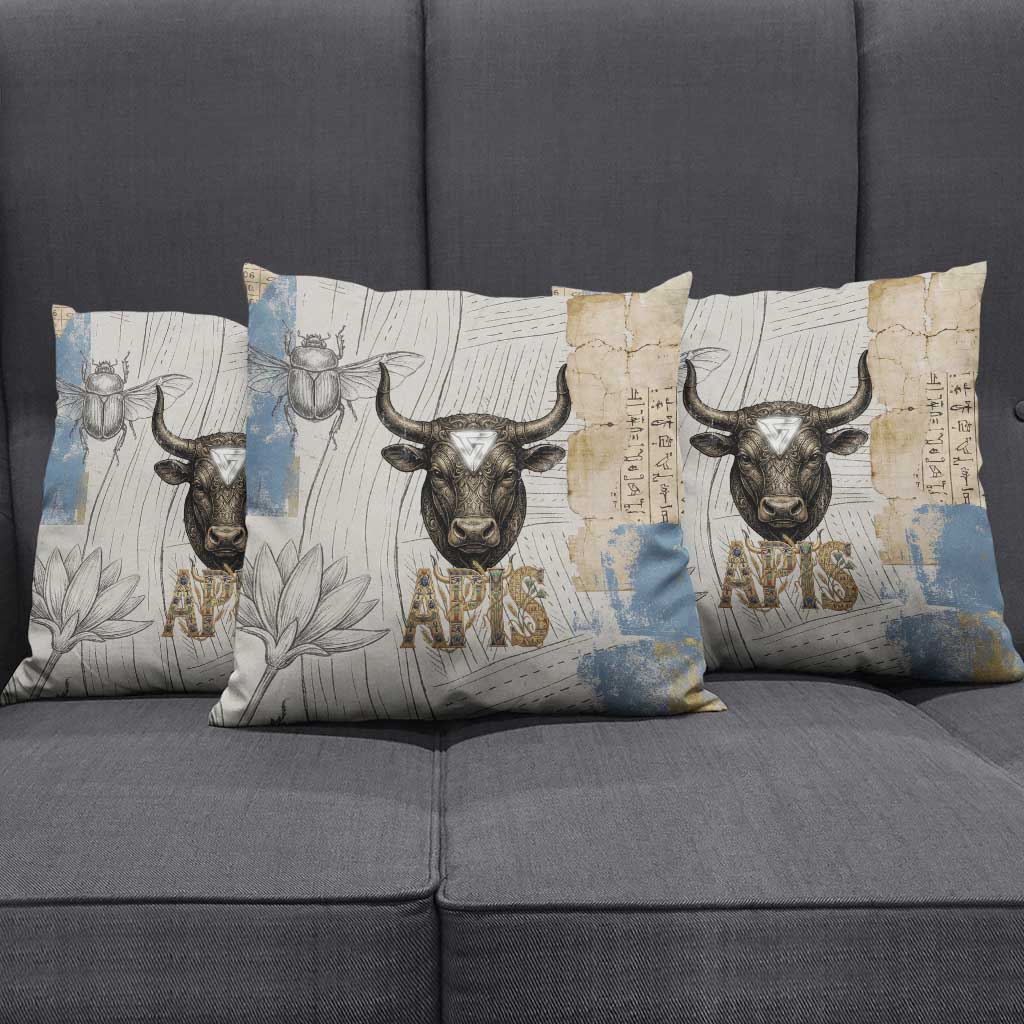Apis Ancient Egyptian Pillow Cover with Beige-Gray Hieroglyphic, Ornate Bull Head, and Gold-Blue Typography - African Pride