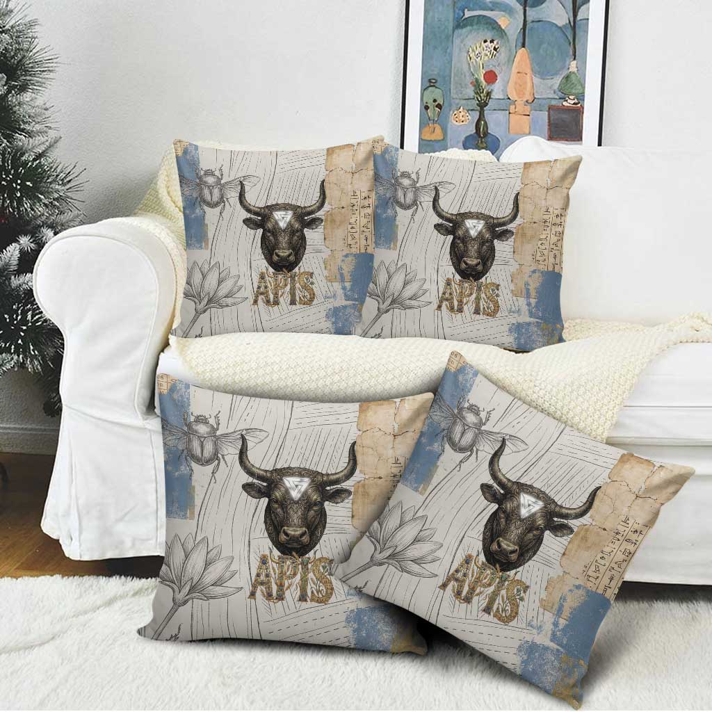 Apis Ancient Egyptian Pillow Cover with Beige-Gray Hieroglyphic, Ornate Bull Head, and Gold-Blue Typography - African Pride