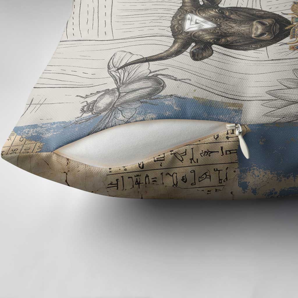 Apis Ancient Egyptian Pillow Cover with Beige-Gray Hieroglyphic, Ornate Bull Head, and Gold-Blue Typography - African Pride