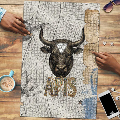 Apis Ancient Egyptian Puzzle with Beige-Gray Hieroglyphic, Ornate Bull Head, and Gold-Blue Typography - African Pride