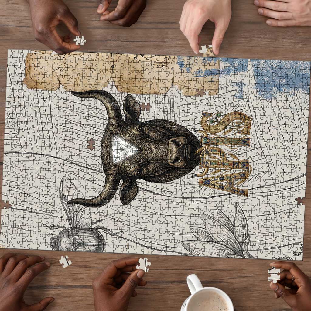 Apis Ancient Egyptian Puzzle with Beige-Gray Hieroglyphic, Ornate Bull Head, and Gold-Blue Typography - African Pride