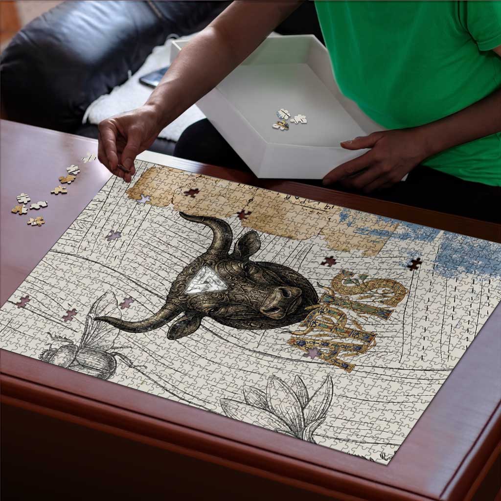 Apis Ancient Egyptian Puzzle with Beige-Gray Hieroglyphic, Ornate Bull Head, and Gold-Blue Typography - African Pride