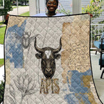 Apis Ancient Egyptian Quilt with Beige-Gray Hieroglyphic, Ornate Bull Head, and Gold-Blue Typography - African Pride