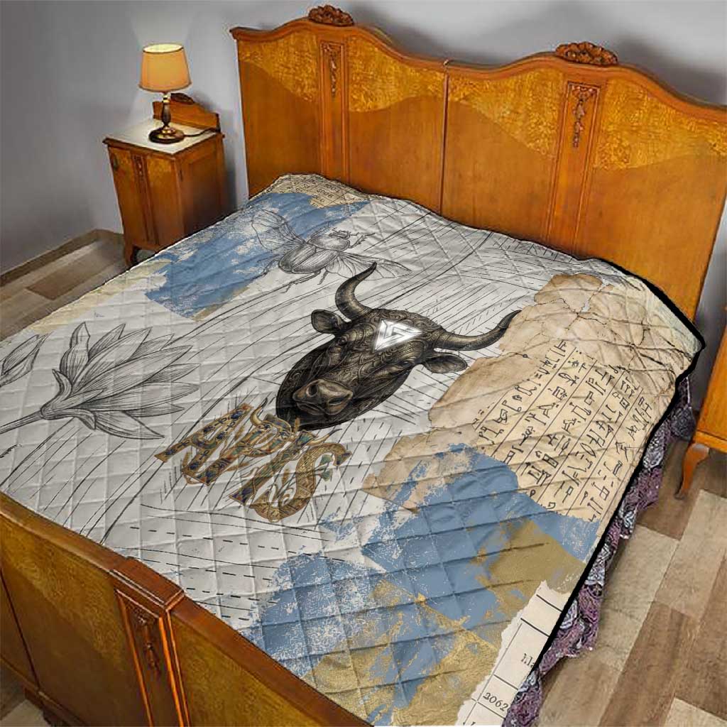 Apis Ancient Egyptian Quilt with Beige-Gray Hieroglyphic, Ornate Bull Head, and Gold-Blue Typography - African Pride
