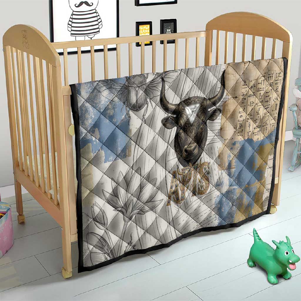 Apis Ancient Egyptian Quilt with Beige-Gray Hieroglyphic, Ornate Bull Head, and Gold-Blue Typography - African Pride