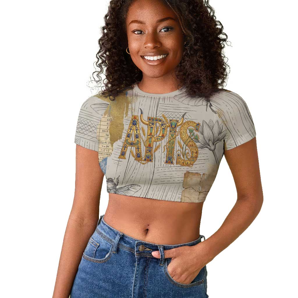 Apis Ancient Egyptian Raglan Cropped T shirt with Beige-Gray Hieroglyphic, Ornate Bull Head, and Gold-Blue Typography - African Pride
