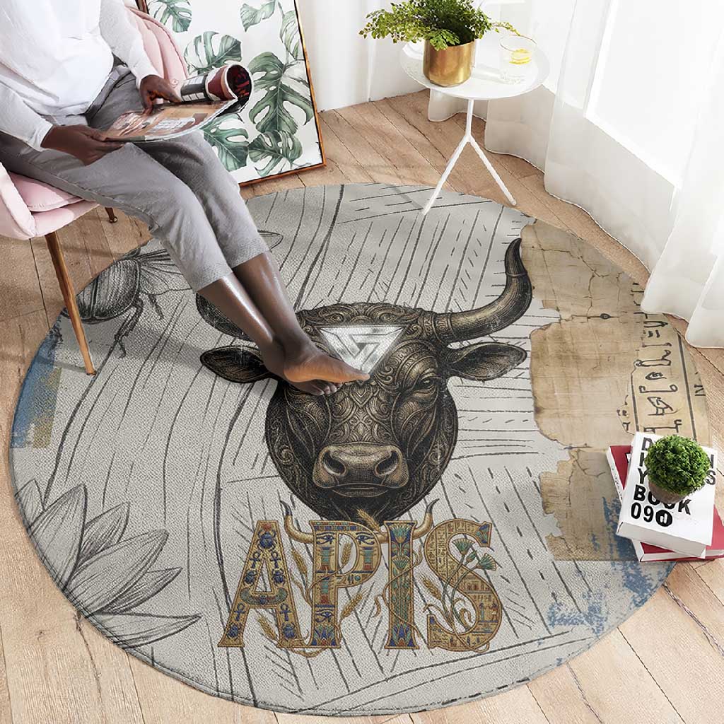 Apis Ancient Egyptian Round Carpet with Beige-Gray Hieroglyphic, Ornate Bull Head, and Gold-Blue Typography - African Pride