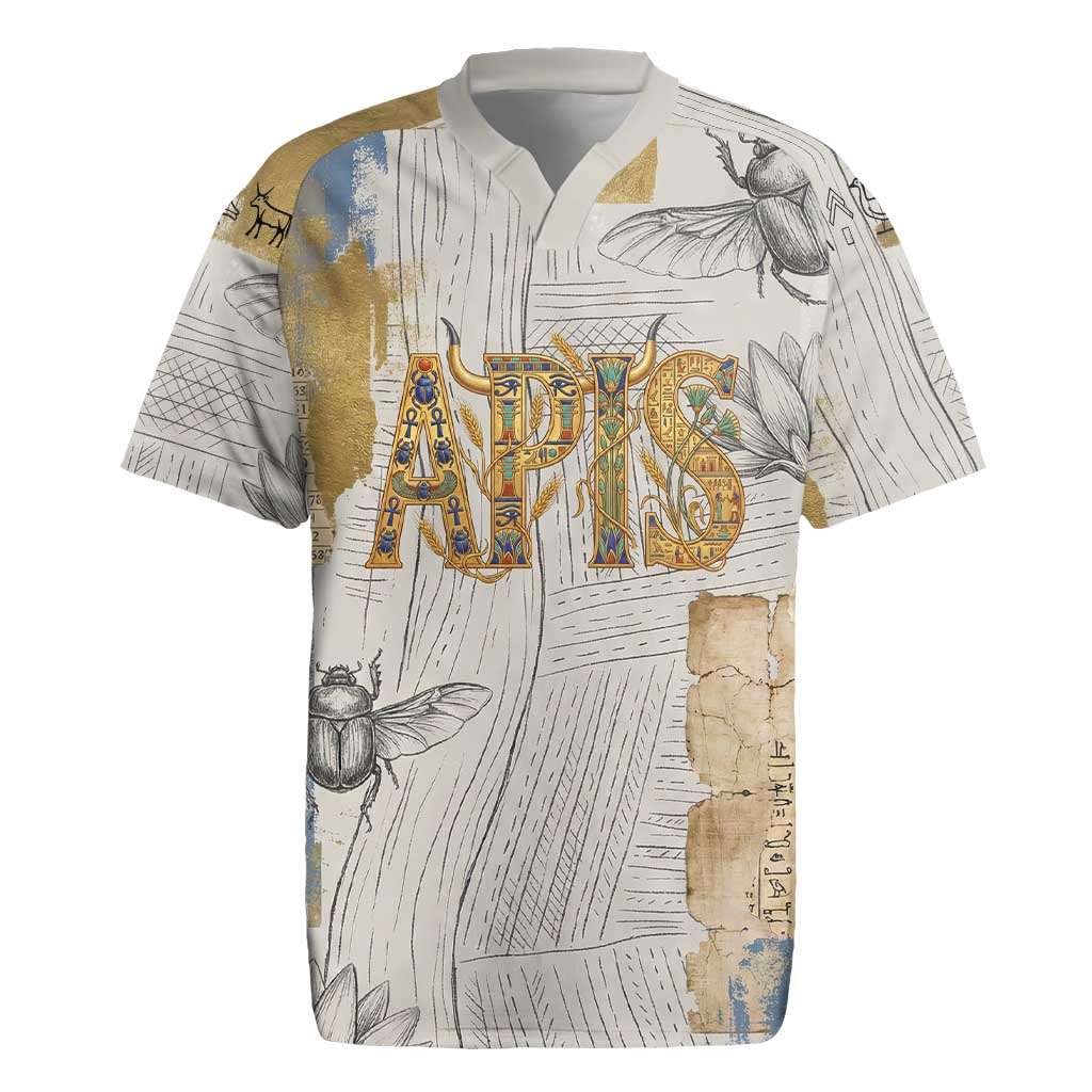 Apis Ancient Egyptian Rugby Jersey with Beige-Gray Hieroglyphic, Ornate Bull Head, and Gold-Blue Typography - African Pride
