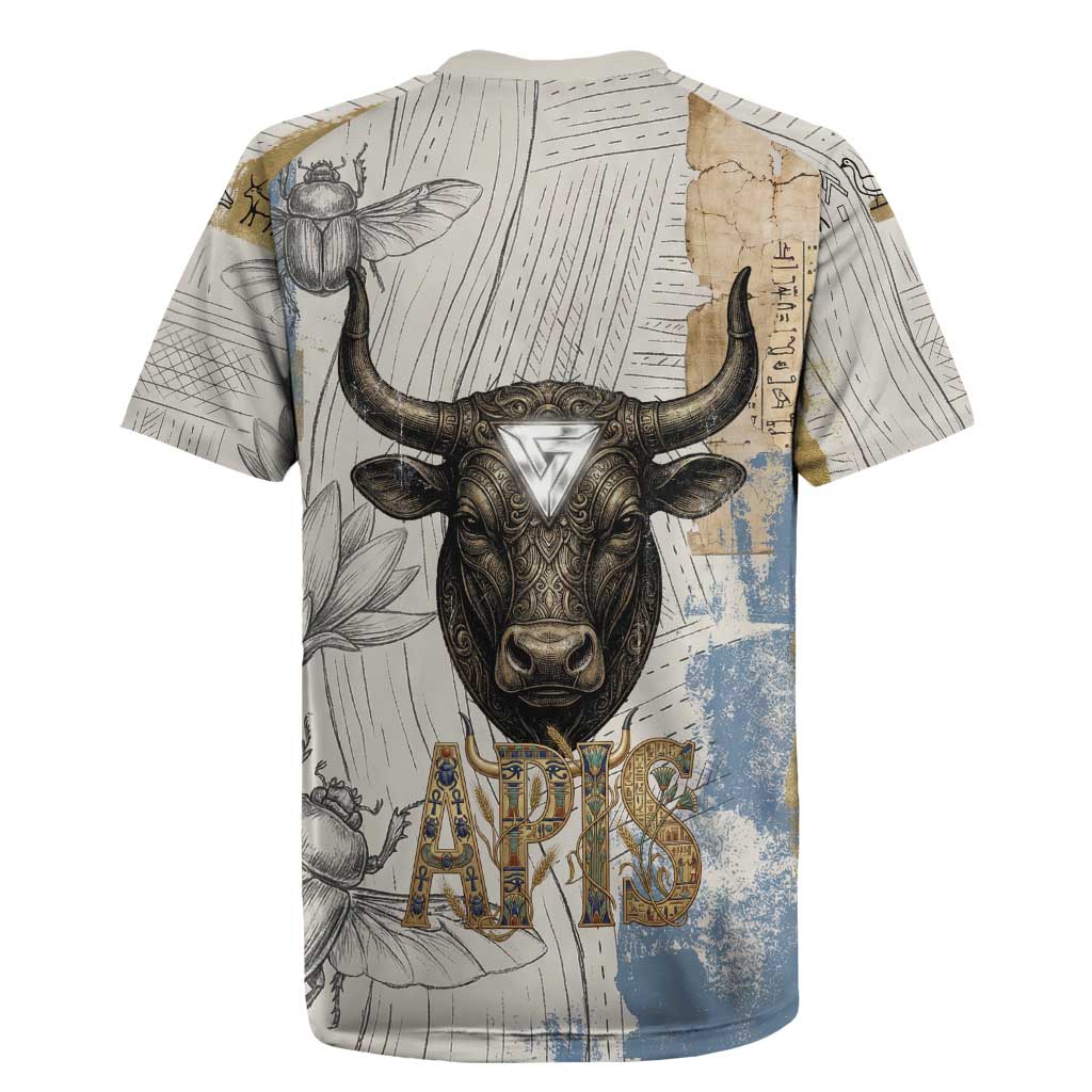 Apis Ancient Egyptian Rugby Jersey with Beige-Gray Hieroglyphic, Ornate Bull Head, and Gold-Blue Typography - African Pride