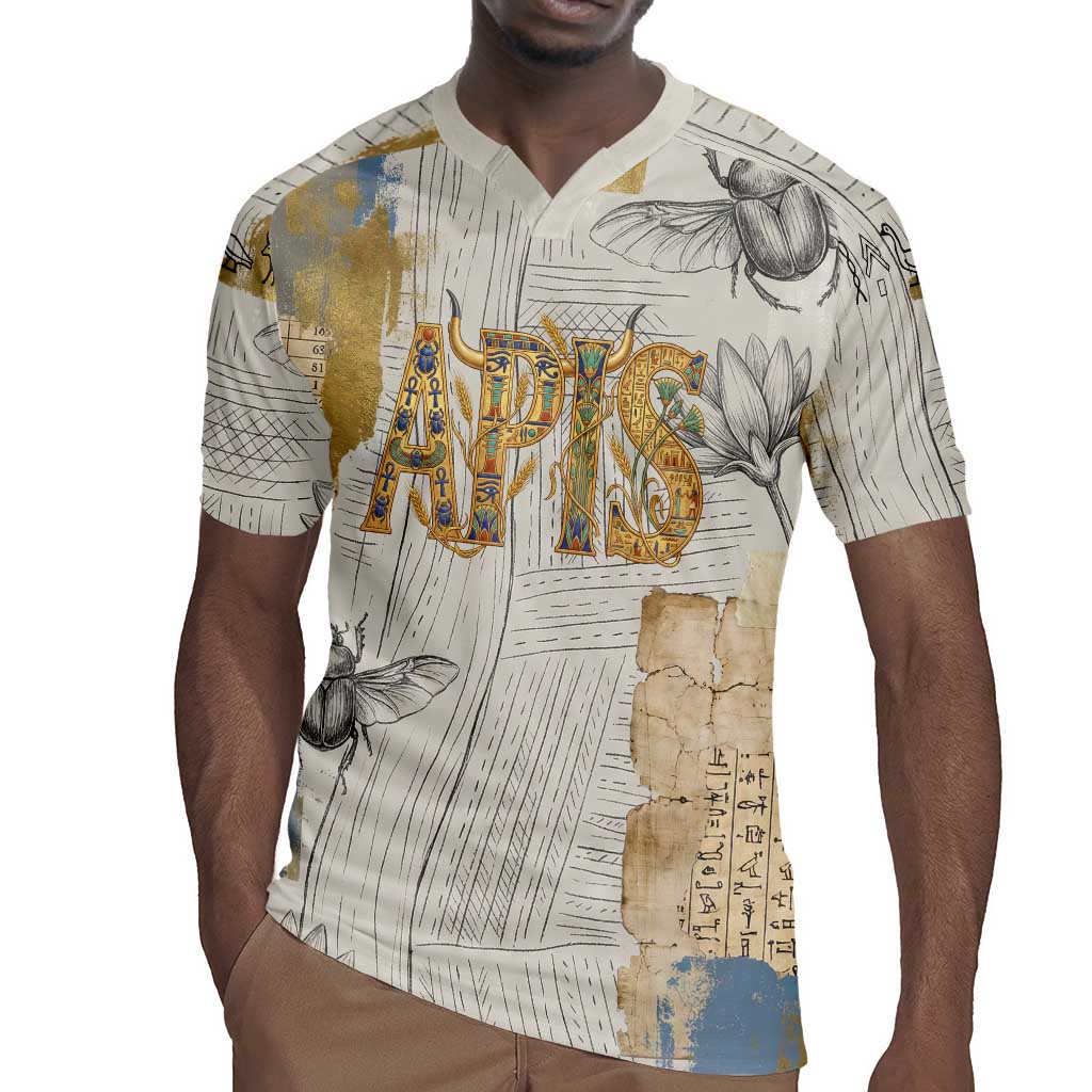 Apis Ancient Egyptian Rugby Jersey with Beige-Gray Hieroglyphic, Ornate Bull Head, and Gold-Blue Typography - African Pride