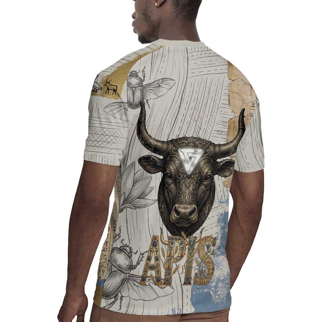 Apis Ancient Egyptian Rugby Jersey with Beige-Gray Hieroglyphic, Ornate Bull Head, and Gold-Blue Typography - African Pride