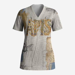 Apis Ancient Egyptian Scrub Top with Beige-Gray Hieroglyphic, Ornate Bull Head, and Gold-Blue Typography - African Pride