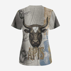 Apis Ancient Egyptian Scrub Top with Beige-Gray Hieroglyphic, Ornate Bull Head, and Gold-Blue Typography - African Pride