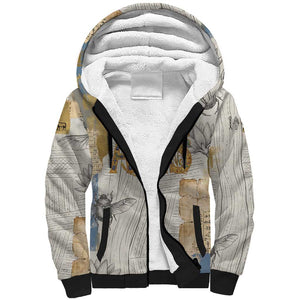 Apis Ancient Egyptian Sherpa Hoodie with Beige-Gray Hieroglyphic, Ornate Bull Head, and Gold-Blue Typography - African Pride