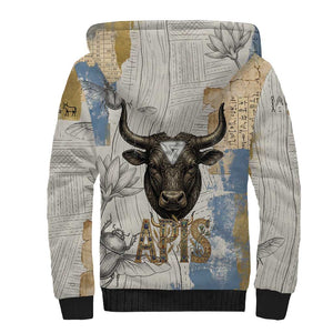Apis Ancient Egyptian Sherpa Hoodie with Beige-Gray Hieroglyphic, Ornate Bull Head, and Gold-Blue Typography - African Pride