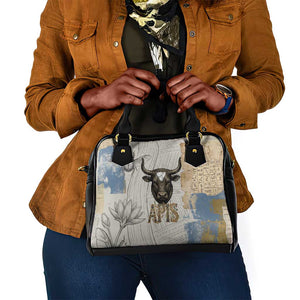 Apis Ancient Egyptian Shoulder Handbag with Beige-Gray Hieroglyphic, Ornate Bull Head, and Gold-Blue Typography - African Pride