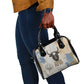 Apis Ancient Egyptian Shoulder Handbag with Beige-Gray Hieroglyphic, Ornate Bull Head, and Gold-Blue Typography - African Pride