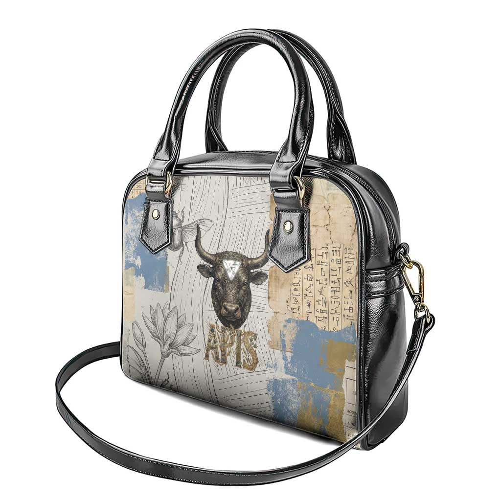 Apis Ancient Egyptian Shoulder Handbag with Beige-Gray Hieroglyphic, Ornate Bull Head, and Gold-Blue Typography - African Pride