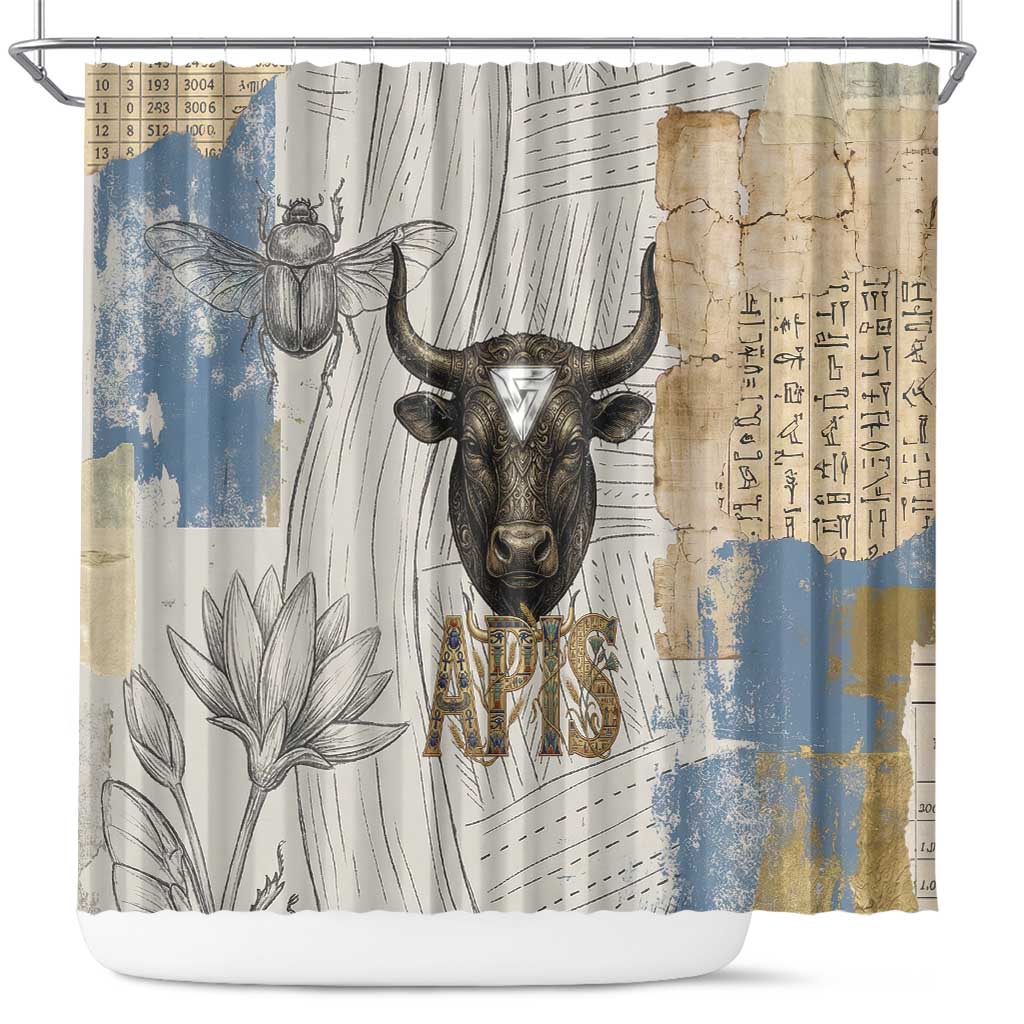Apis Ancient Egyptian Shower Curtain with Beige-Gray Hieroglyphic, Ornate Bull Head, and Gold-Blue Typography - African Pride