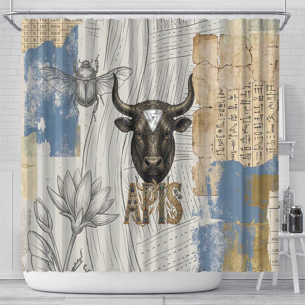 Apis Ancient Egyptian Shower Curtain with Beige-Gray Hieroglyphic, Ornate Bull Head, and Gold-Blue Typography - African Pride