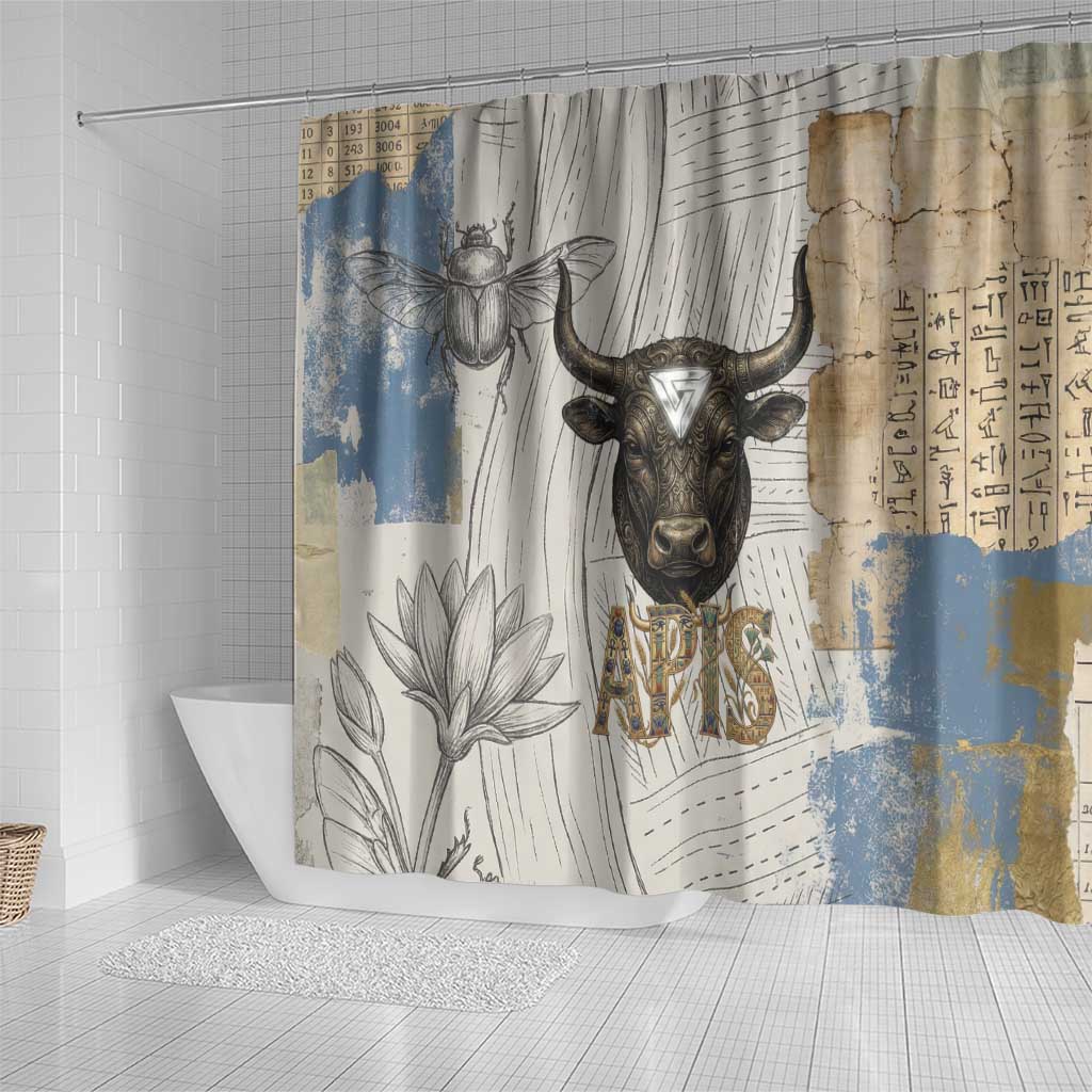 Apis Ancient Egyptian Shower Curtain with Beige-Gray Hieroglyphic, Ornate Bull Head, and Gold-Blue Typography - African Pride