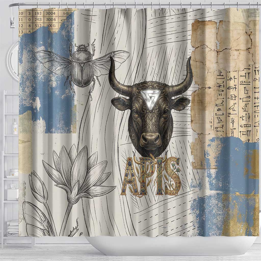 Apis Ancient Egyptian Shower Curtain with Beige-Gray Hieroglyphic, Ornate Bull Head, and Gold-Blue Typography - African Pride