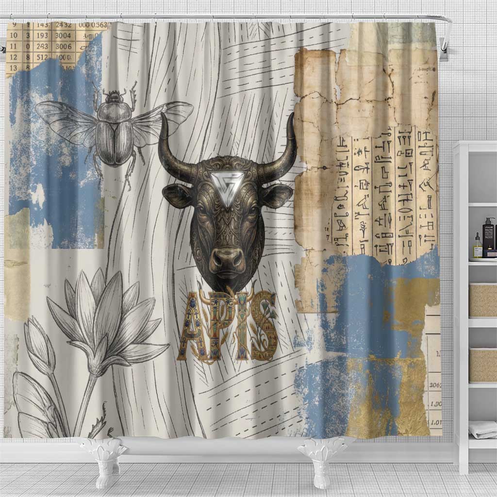 Apis Ancient Egyptian Shower Curtain with Beige-Gray Hieroglyphic, Ornate Bull Head, and Gold-Blue Typography - African Pride