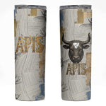 Apis Ancient Egyptian Skinny Tumbler with Beige-Gray Hieroglyphic, Ornate Bull Head, and Gold-Blue Typography - African Pride