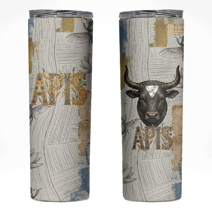 Apis Ancient Egyptian Skinny Tumbler with Beige-Gray Hieroglyphic, Ornate Bull Head, and Gold-Blue Typography - African Pride