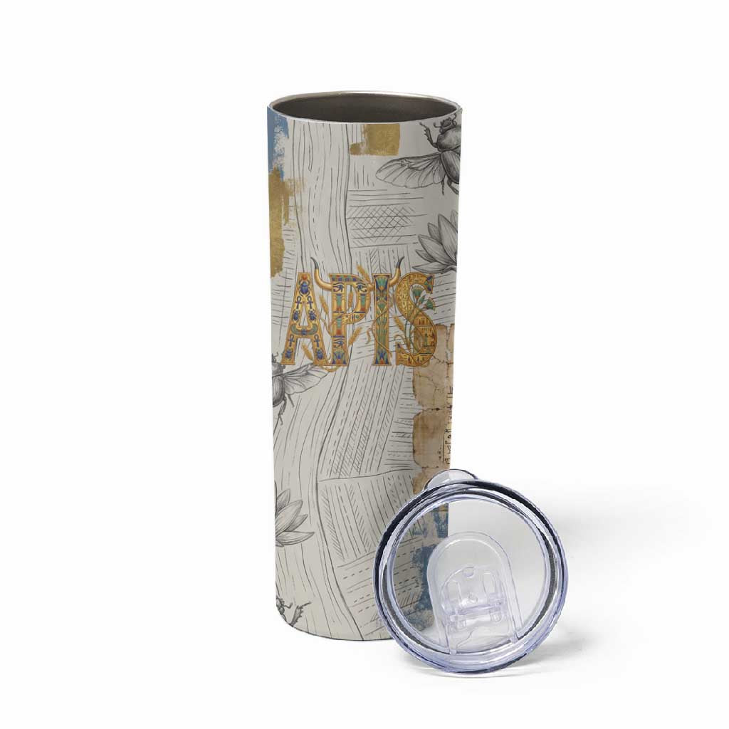 Apis Ancient Egyptian Skinny Tumbler with Beige-Gray Hieroglyphic, Ornate Bull Head, and Gold-Blue Typography - African Pride