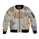 Apis Ancient Egyptian Sleeve Zip Bomber Jacket with Beige-Gray Hieroglyphic, Ornate Bull Head, and Gold-Blue Typography - African Pride