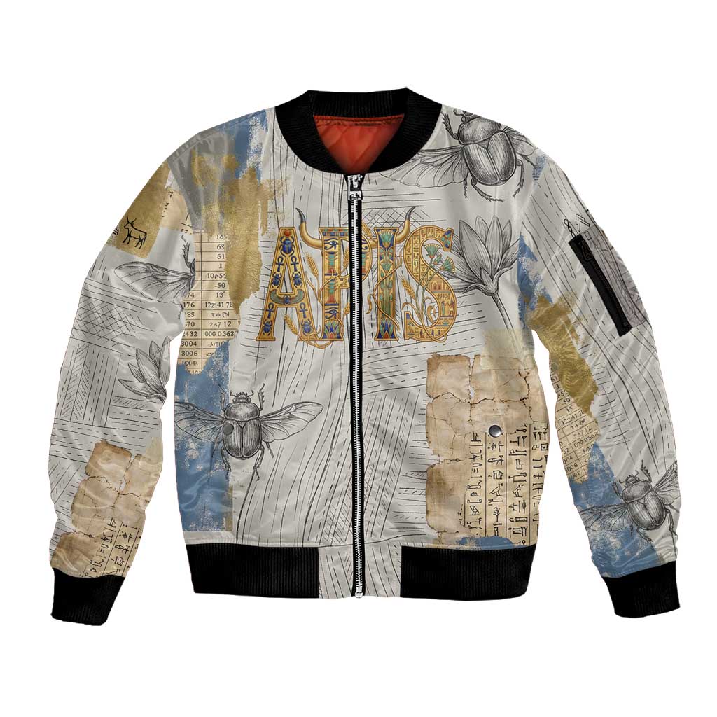 Apis Ancient Egyptian Sleeve Zip Bomber Jacket with Beige-Gray Hieroglyphic, Ornate Bull Head, and Gold-Blue Typography - African Pride