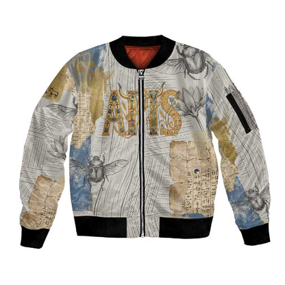 Apis Ancient Egyptian Sleeve Zip Bomber Jacket with Beige-Gray Hieroglyphic, Ornate Bull Head, and Gold-Blue Typography - African Pride