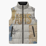 Apis Ancient Egyptian Sleeveless Puffer Jacket with Beige-Gray Hieroglyphic, Ornate Bull Head, and Gold-Blue Typography - African Pride