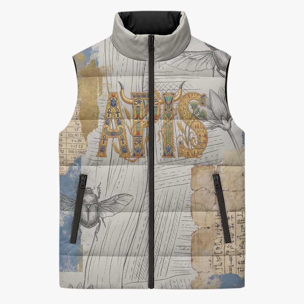 Apis Ancient Egyptian Sleeveless Puffer Jacket with Beige-Gray Hieroglyphic, Ornate Bull Head, and Gold-Blue Typography - African Pride