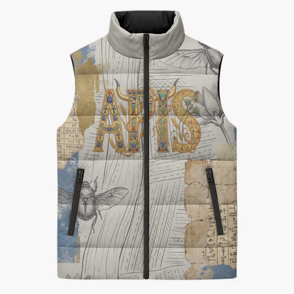 Apis Ancient Egyptian Sleeveless Puffer Jacket with Beige-Gray Hieroglyphic, Ornate Bull Head, and Gold-Blue Typography - African Pride