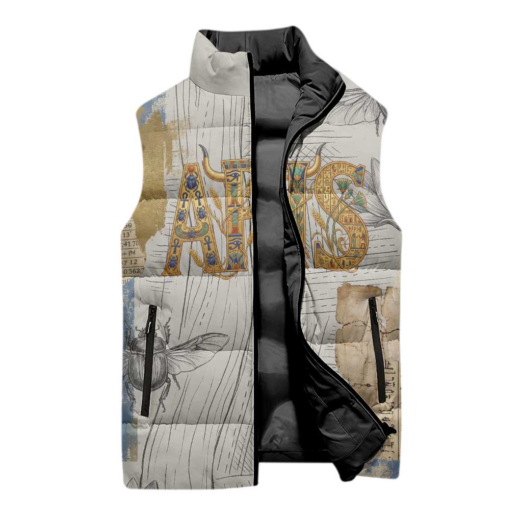 Apis Ancient Egyptian Sleeveless Puffer Jacket with Beige-Gray Hieroglyphic, Ornate Bull Head, and Gold-Blue Typography - African Pride