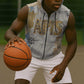 Apis Ancient Egyptian Sleeveless Zip Hoodie with Beige-Gray Hieroglyphic, Ornate Bull Head, and Gold-Blue Typography - African Pride