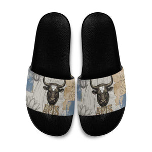 Apis Ancient Egyptian Slide Sandals with Beige-Gray Hieroglyphic, Ornate Bull Head, and Gold-Blue Typography - African Pride