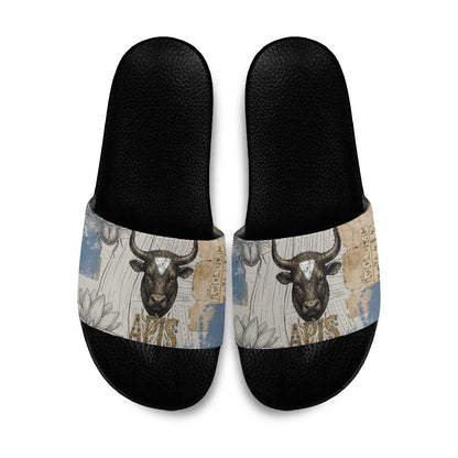 Apis Ancient Egyptian Slide Sandals with Beige-Gray Hieroglyphic, Ornate Bull Head, and Gold-Blue Typography - African Pride