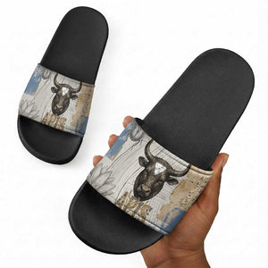 Apis Ancient Egyptian Slide Sandals with Beige-Gray Hieroglyphic, Ornate Bull Head, and Gold-Blue Typography - African Pride