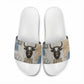 Apis Ancient Egyptian Slide Sandals with Beige-Gray Hieroglyphic, Ornate Bull Head, and Gold-Blue Typography - African Pride