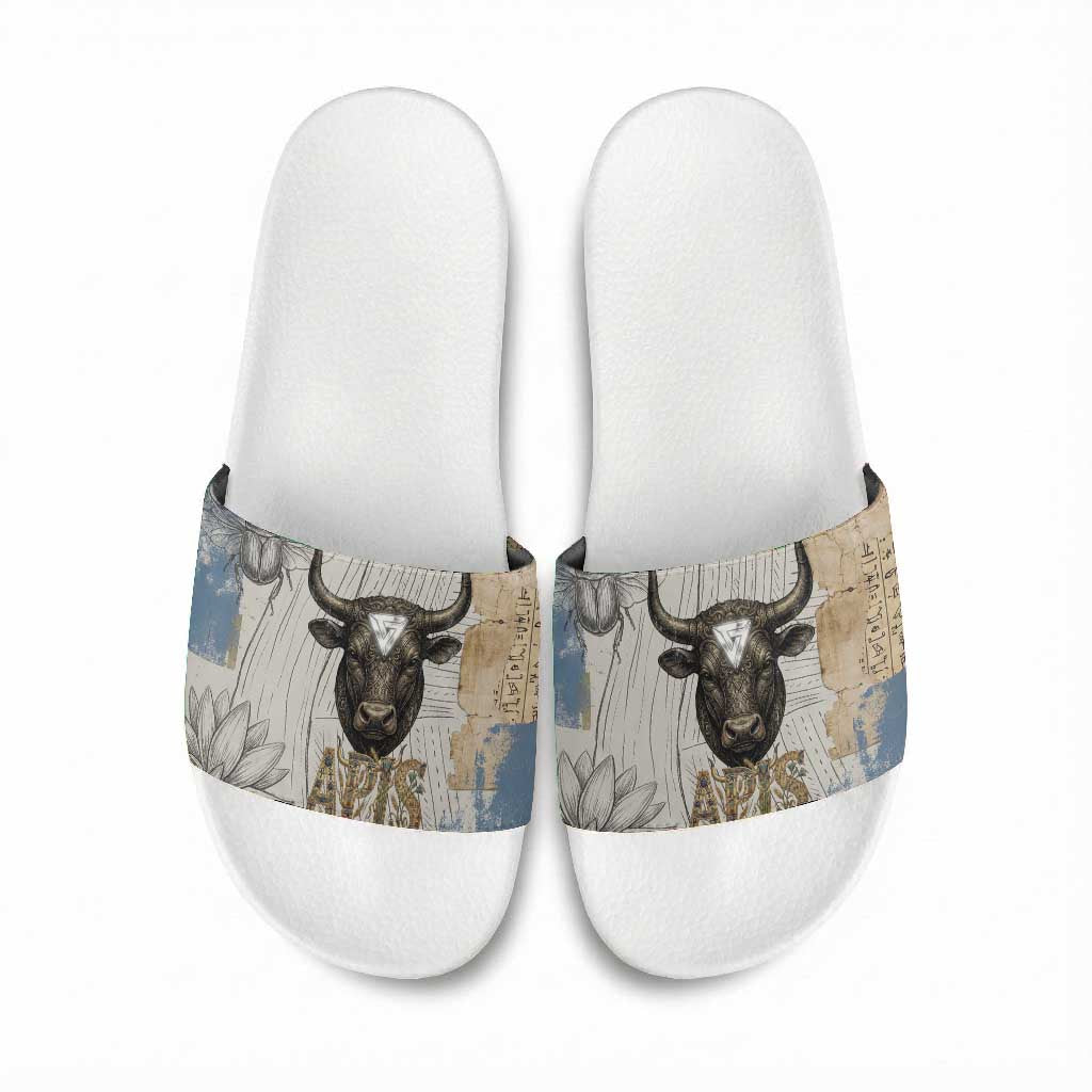 Apis Ancient Egyptian Slide Sandals with Beige-Gray Hieroglyphic, Ornate Bull Head, and Gold-Blue Typography - African Pride