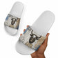 Apis Ancient Egyptian Slide Sandals with Beige-Gray Hieroglyphic, Ornate Bull Head, and Gold-Blue Typography - African Pride