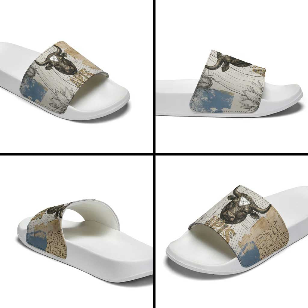 Apis Ancient Egyptian Slide Sandals with Beige-Gray Hieroglyphic, Ornate Bull Head, and Gold-Blue Typography - African Pride